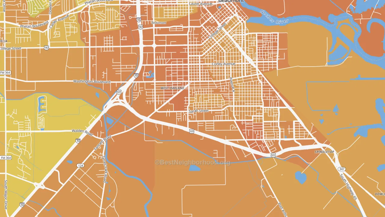 Map of the best neighborhoods in the Pear Orchard, Beaumont area, with better matches in green and worse matches in red