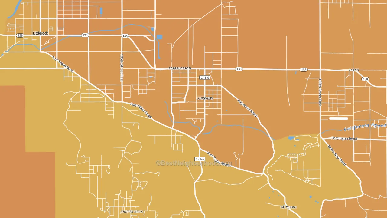Map of the best neighborhoods in the Pearblossom area, with better matches in green and worse matches in red