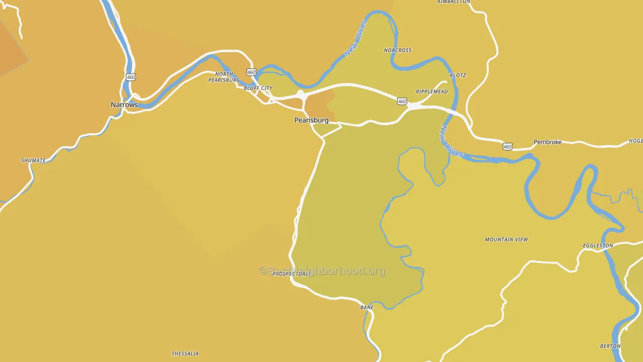 Map of the best neighborhoods in the Pearisburg area, with better matches in green and worse matches in red