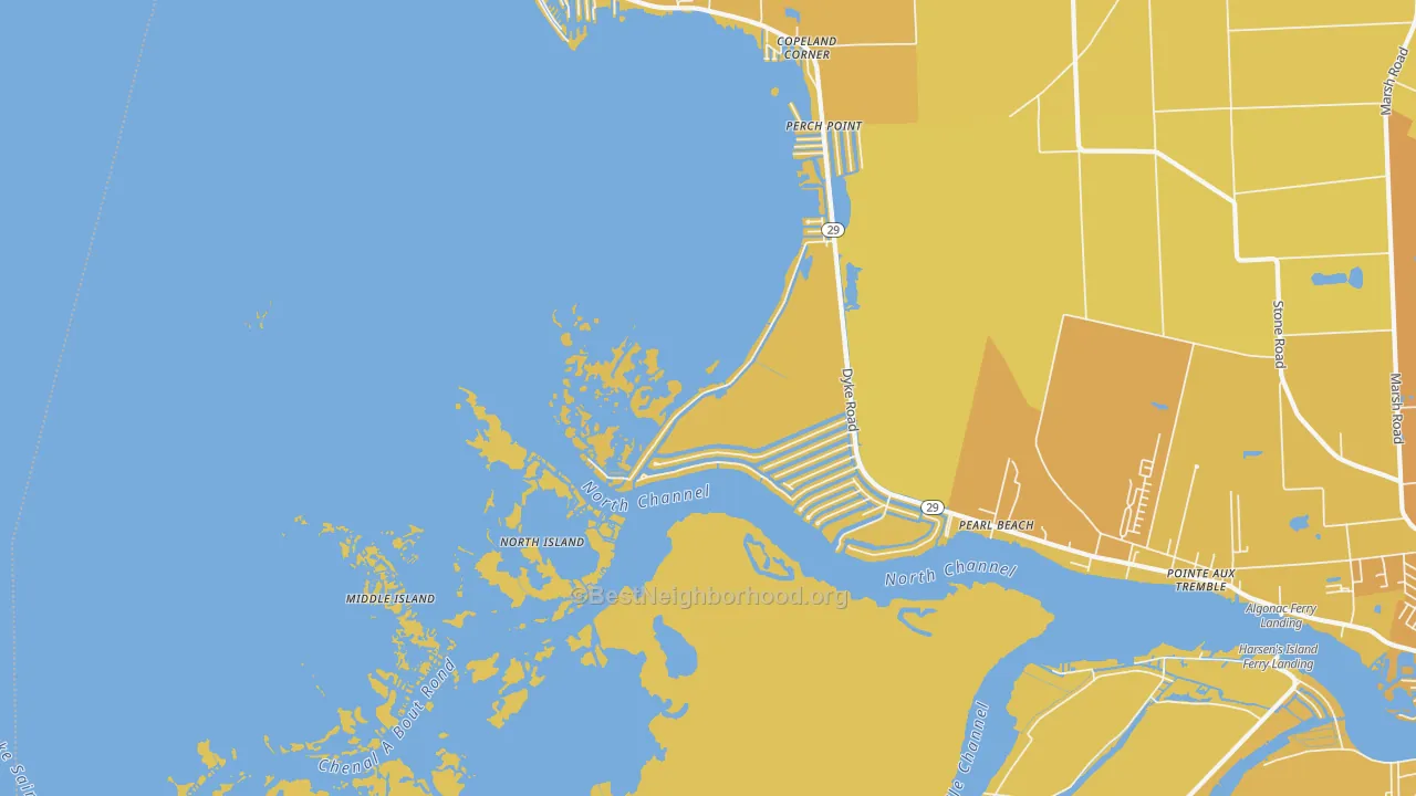 Map of the best neighborhoods in the Pearl Beach area, with better matches in green and worse matches in red
