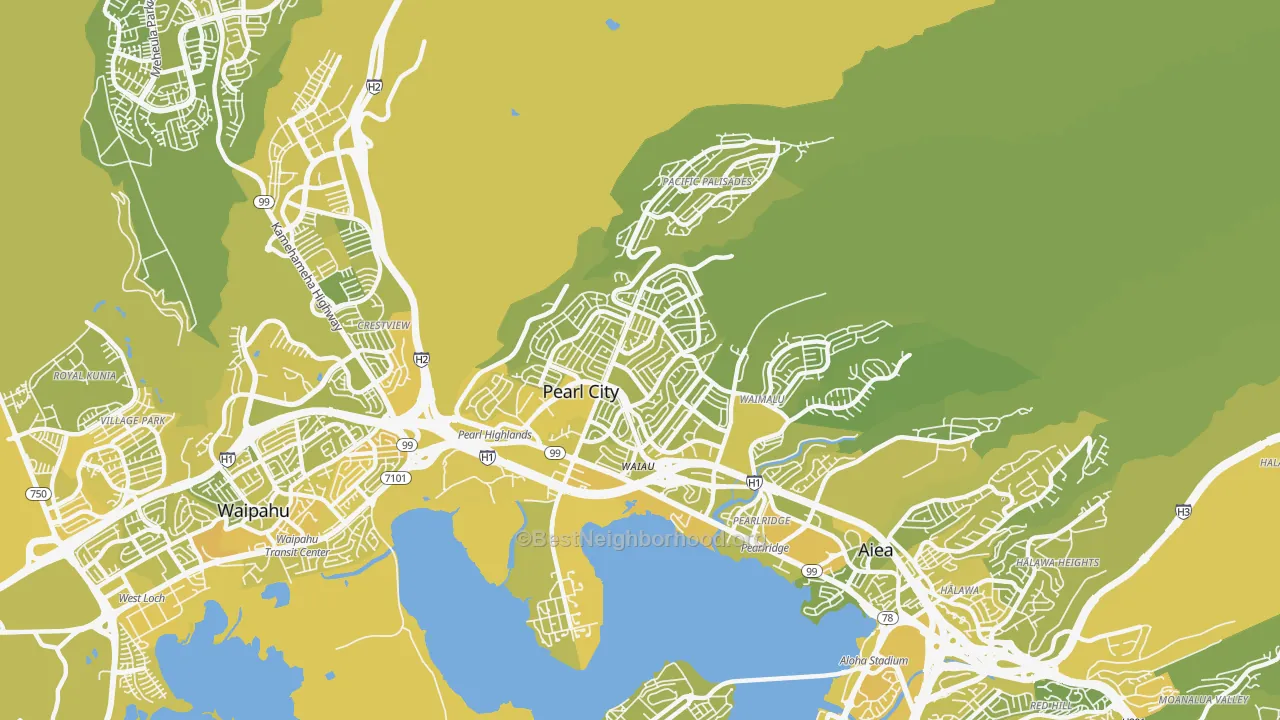 Map of the best neighborhoods in the Pearl City area, with better matches in green and worse matches in red