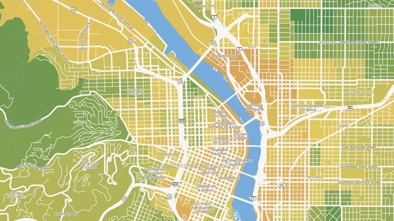 Map of the best neighborhoods in the Pearl District, Portland area, with better matches in green and worse matches in red
