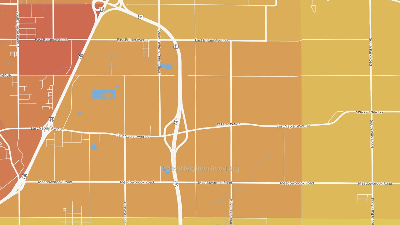 Map of the best neighborhoods in the Pearl Grange area, with better matches in green and worse matches in red