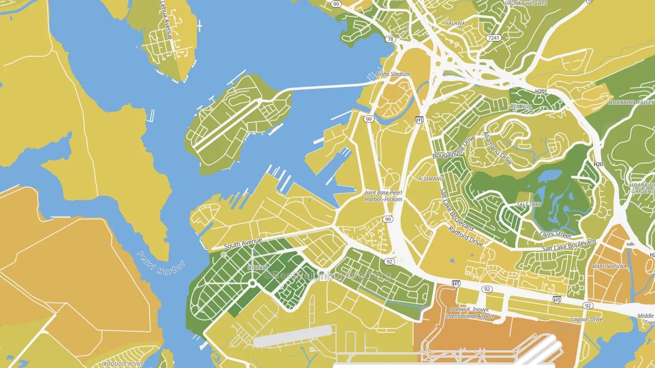 Map of the best neighborhoods in the Pearl Harbor area, with better matches in green and worse matches in red
