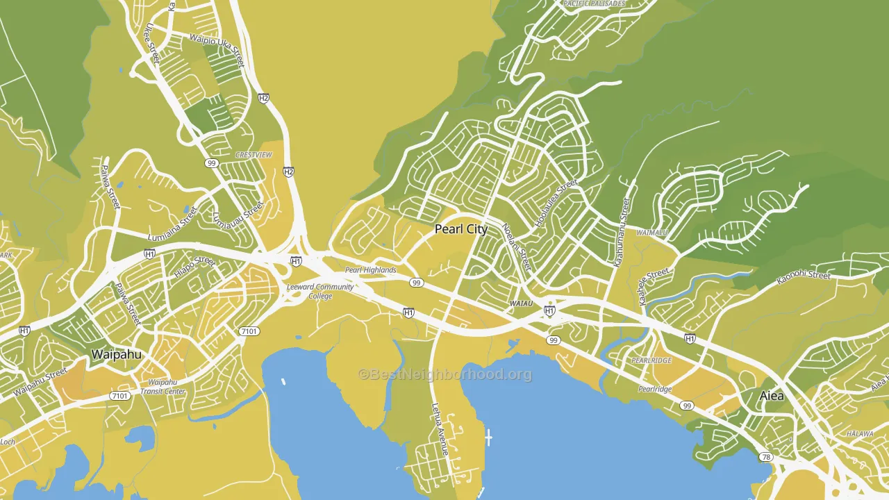 Map of the best neighborhoods in the Pearl Highlands, Pearl City area, with better matches in green and worse matches in red