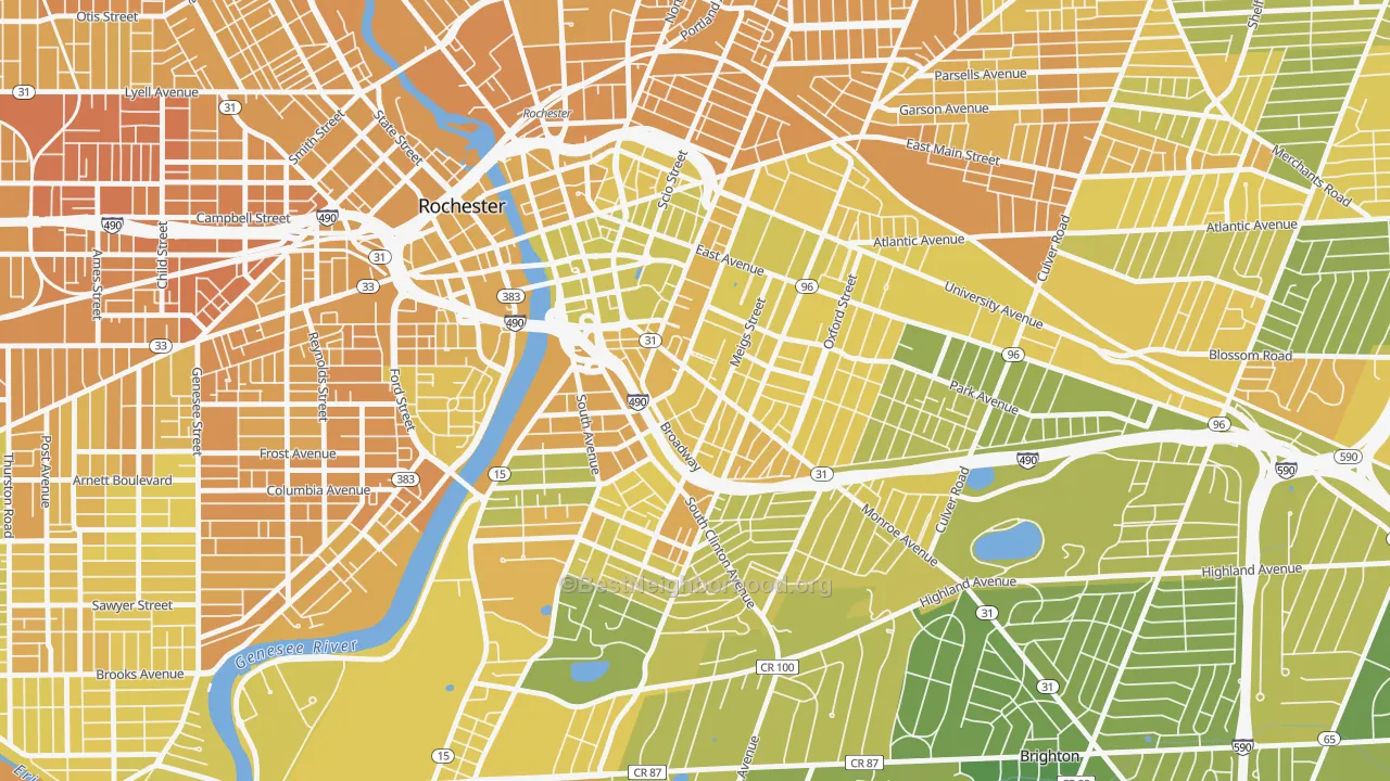 Map of the best neighborhoods in the Pearl-Meigs-Monroe, Rochester area, with better matches in green and worse matches in red
