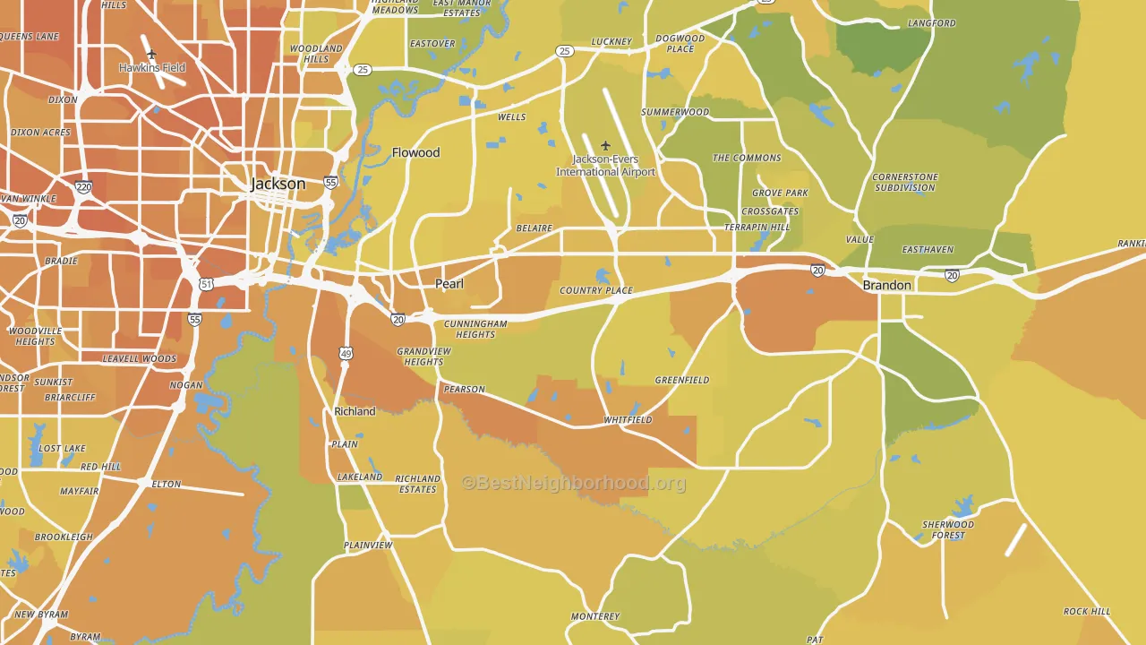 Map of the best neighborhoods in the Pearl area, with better matches in green and worse matches in red