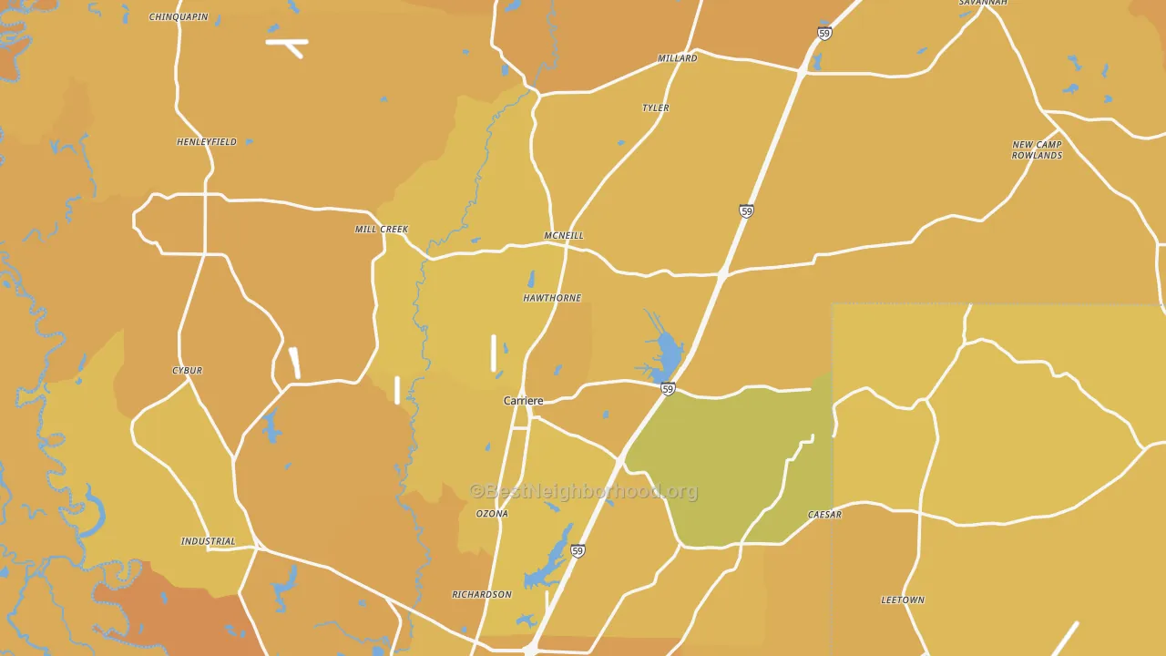 Map of the best neighborhoods in the Pearl River County area, with better matches in green and worse matches in red