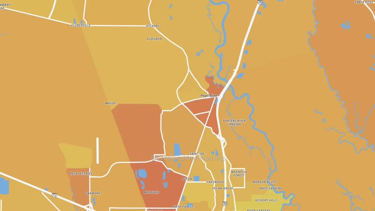 Map of the best neighborhoods in the Pearl River area, with better matches in green and worse matches in red