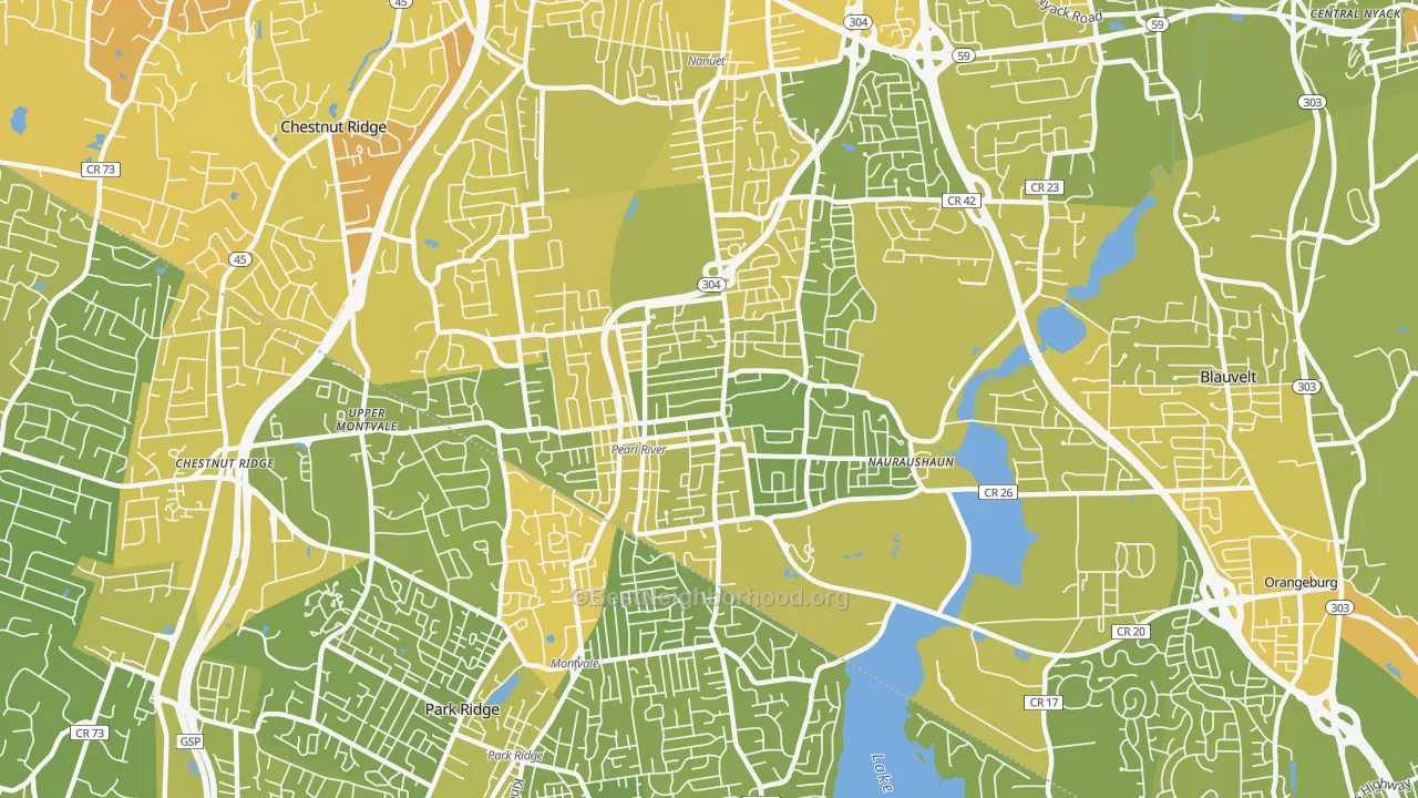Map of the best neighborhoods in the Pearl River area, with better matches in green and worse matches in red