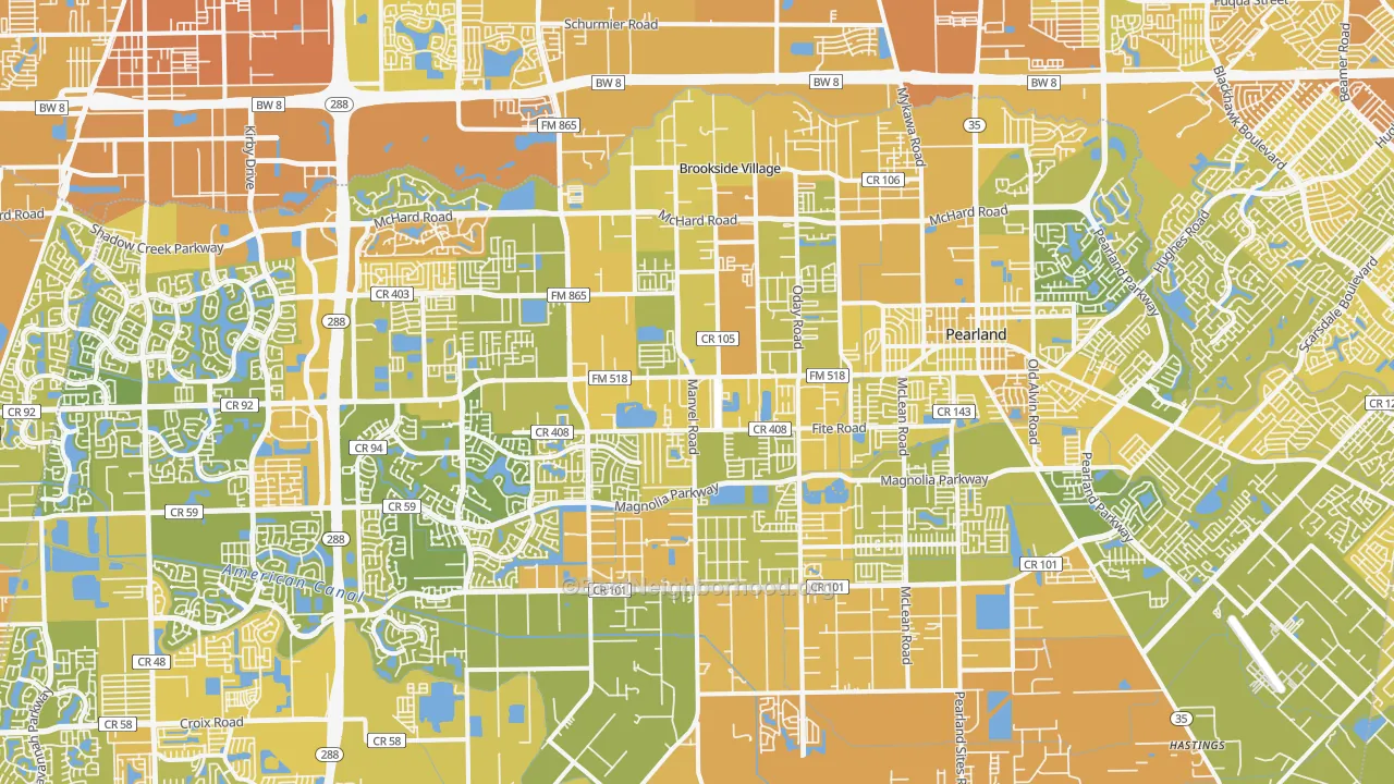 Map of the best neighborhoods in the Pearland area, with better matches in green and worse matches in red