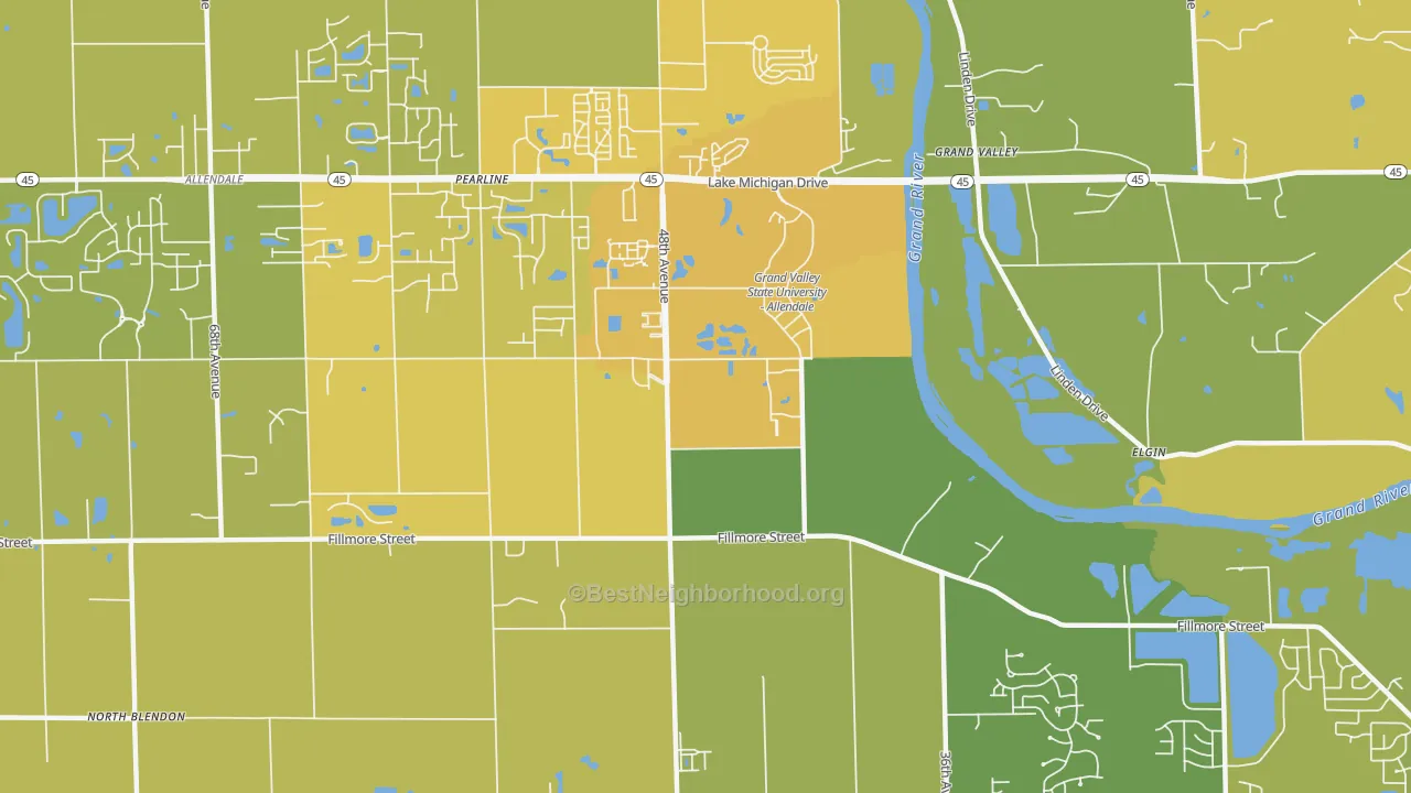 Map of the best neighborhoods in the Pearline area, with better matches in green and worse matches in red