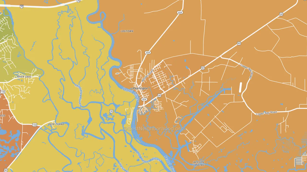 Map of the best neighborhoods in the Pearlington area, with better matches in green and worse matches in red