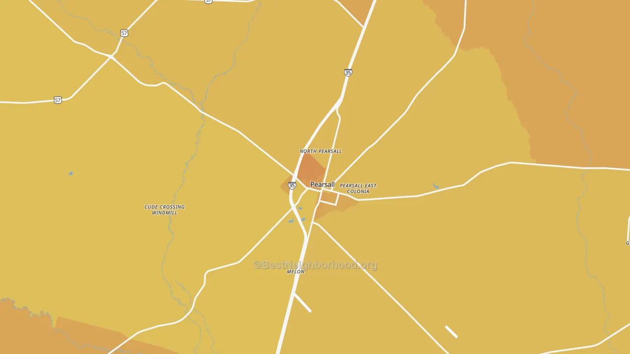 Map of the best neighborhoods in the Pearsall area, with better matches in green and worse matches in red