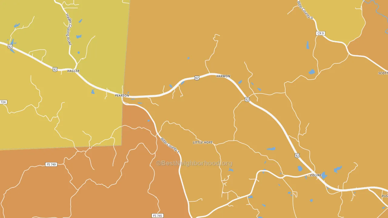 Map of the best neighborhoods in the Pearson area, with better matches in green and worse matches in red