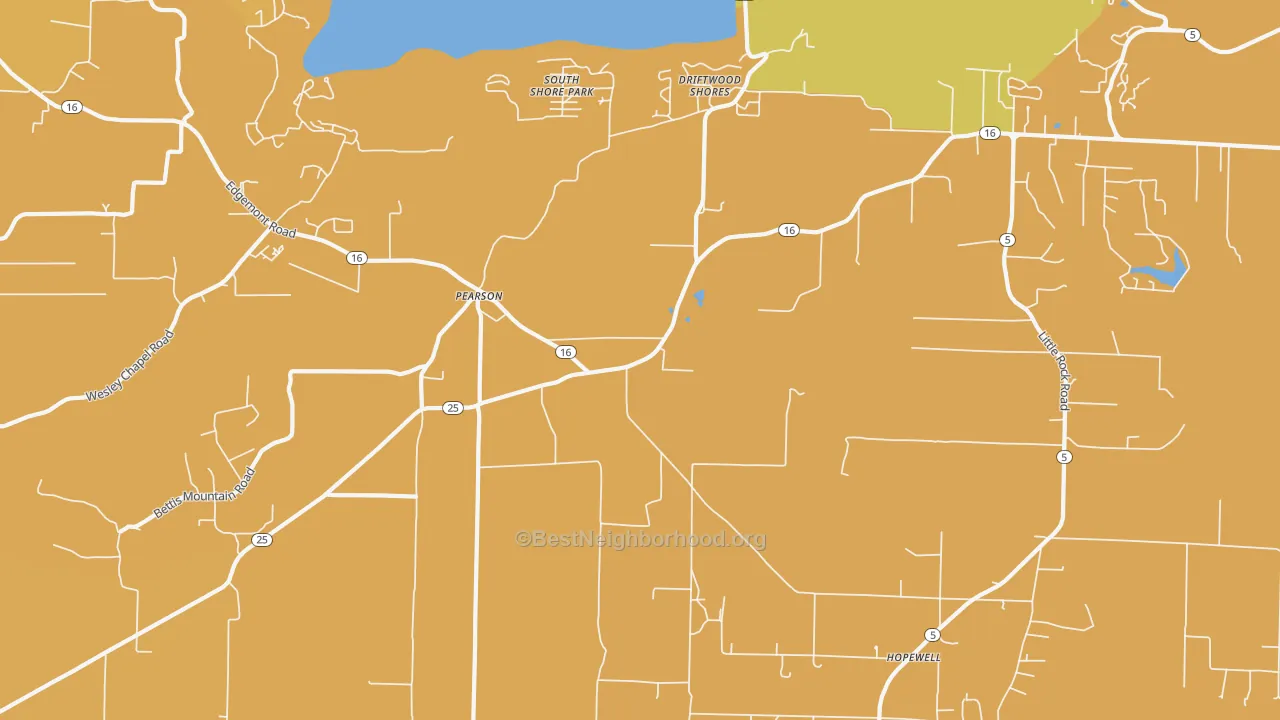 Map of the best neighborhoods in the Pearson area, with better matches in green and worse matches in red