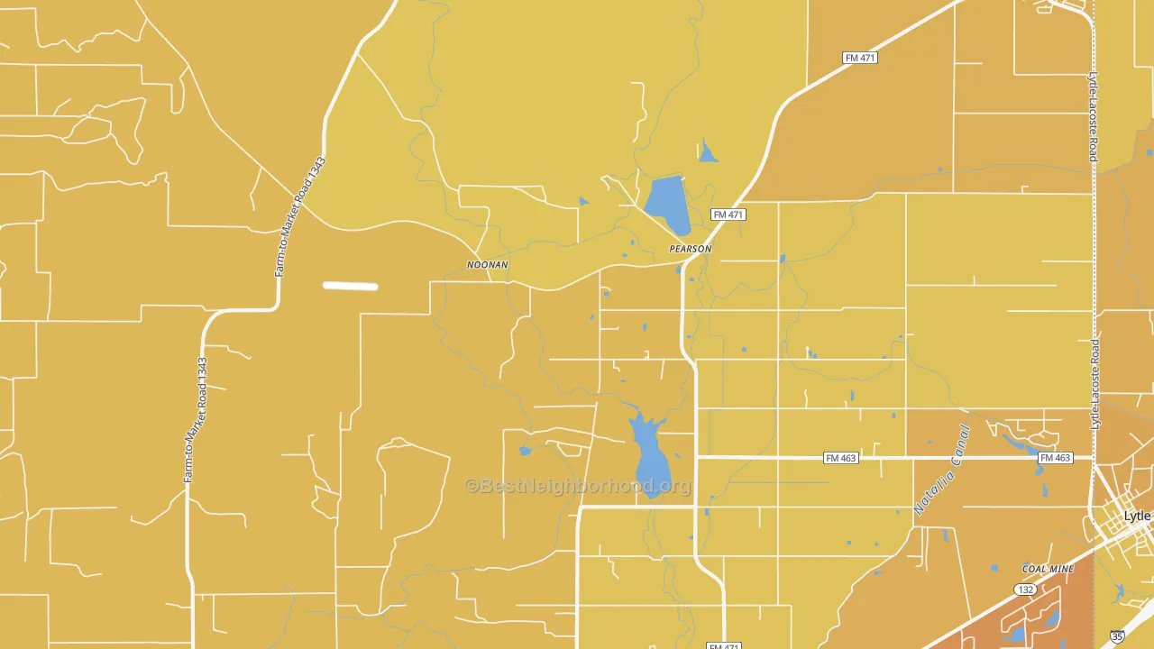 Map of the best neighborhoods in the Pearson area, with better matches in green and worse matches in red