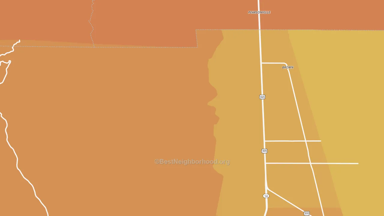 Map of the best neighborhoods in the Pearsonville area, with better matches in green and worse matches in red