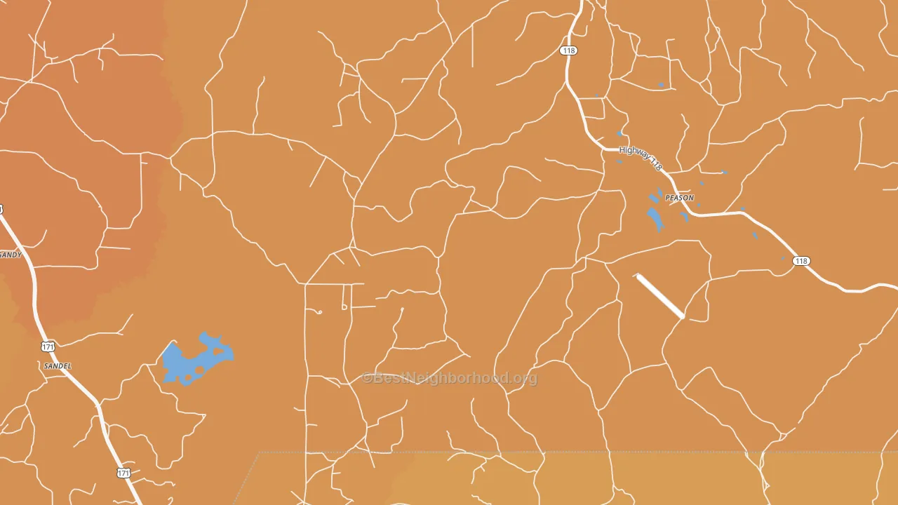 Map of the best neighborhoods in the Peason area, with better matches in green and worse matches in red