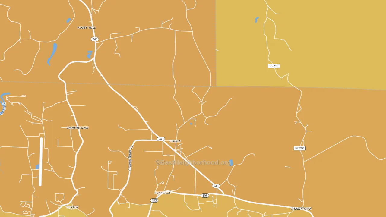 Map of the best neighborhoods in the Pebble area, with better matches in green and worse matches in red