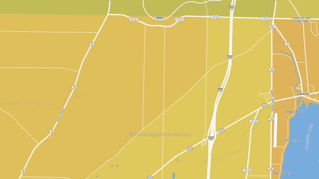 Map of the best neighborhoods in the Pebble Beach area, with better matches in green and worse matches in red