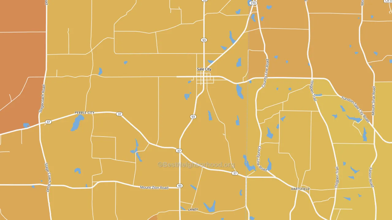 Map of the best neighborhoods in the Pebble City area, with better matches in green and worse matches in red