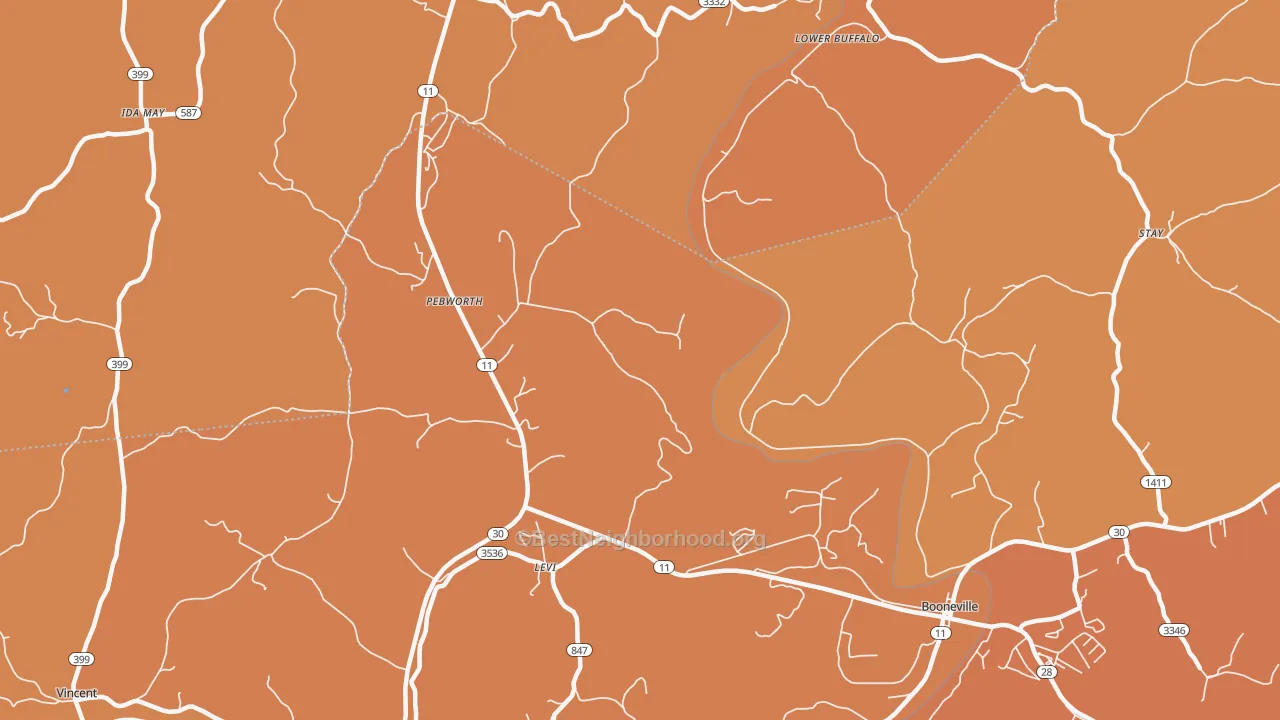 Map of the best neighborhoods in the Pebworth area, with better matches in green and worse matches in red