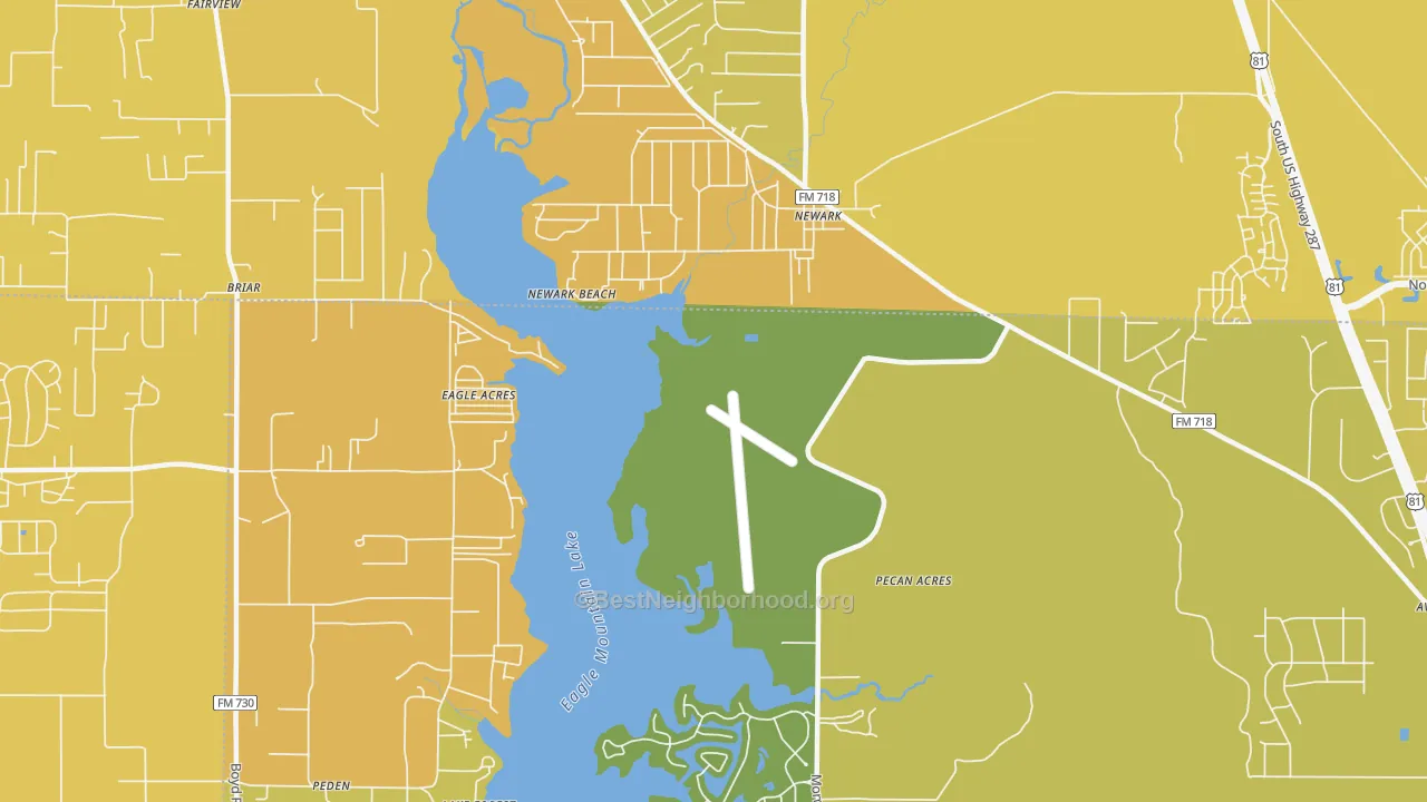 Map of the best neighborhoods in the Pecan Acres area, with better matches in green and worse matches in red