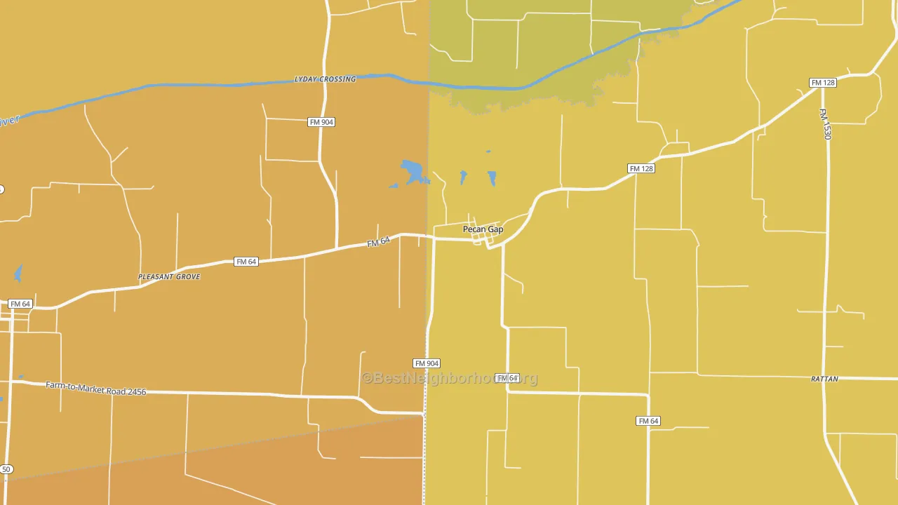 Map of the best neighborhoods in the Pecan Gap area, with better matches in green and worse matches in red