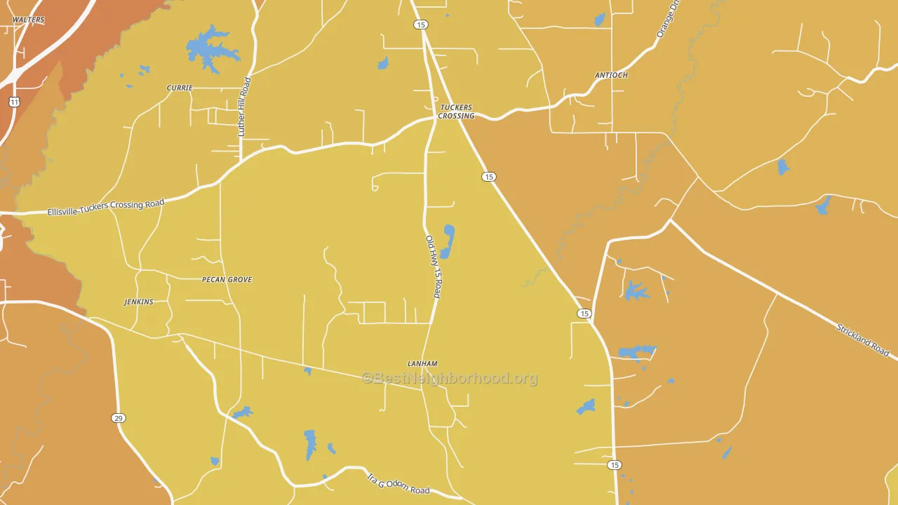 Map of the best neighborhoods in the Pecan Grove area, with better matches in green and worse matches in red