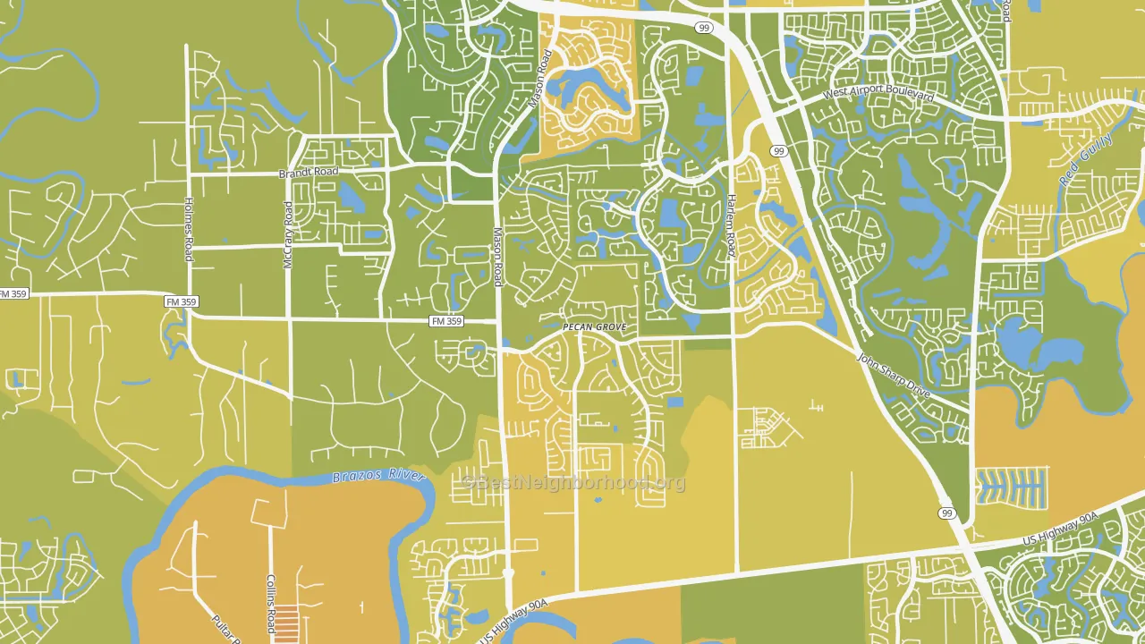 Map of the best neighborhoods in the Pecan Grove area, with better matches in green and worse matches in red