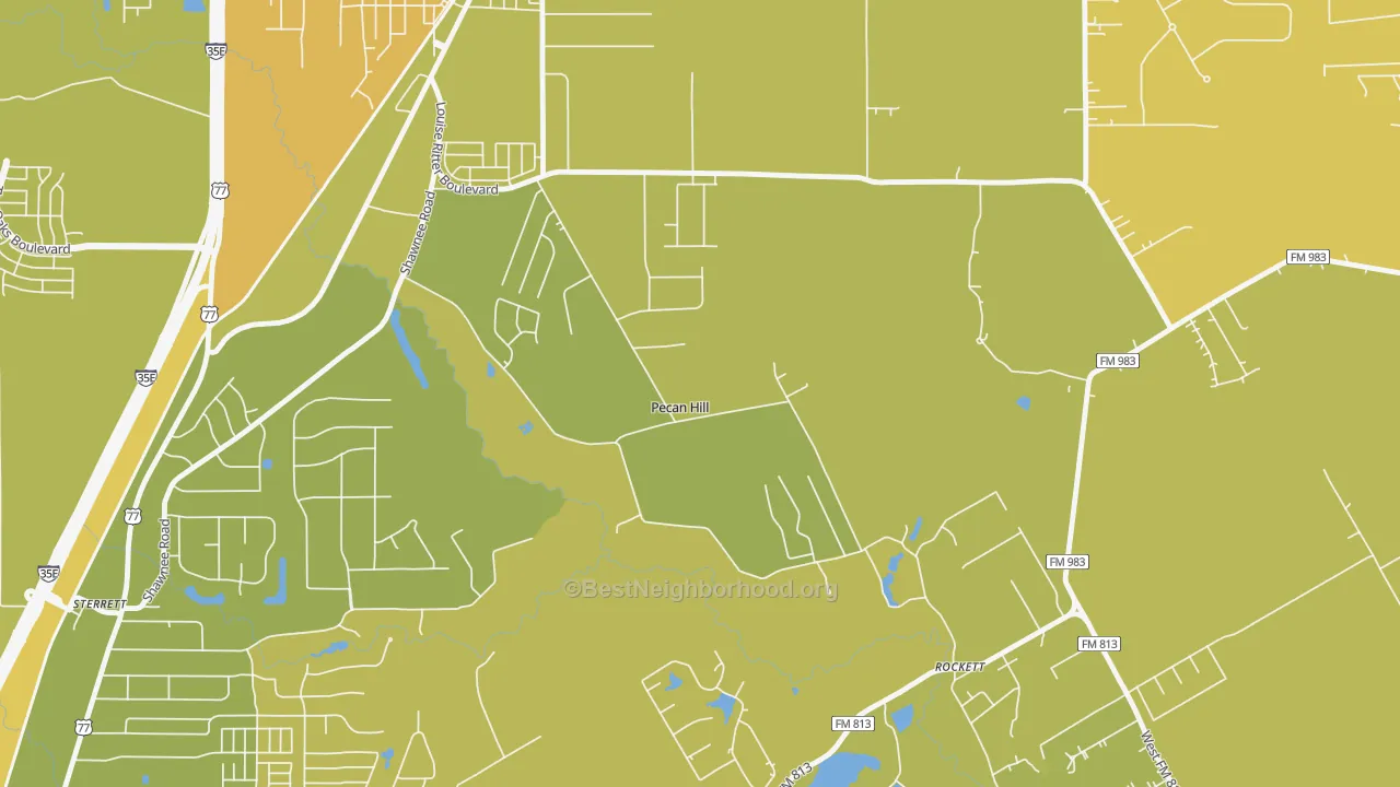 Map of the best neighborhoods in the Pecan Hill area, with better matches in green and worse matches in red
