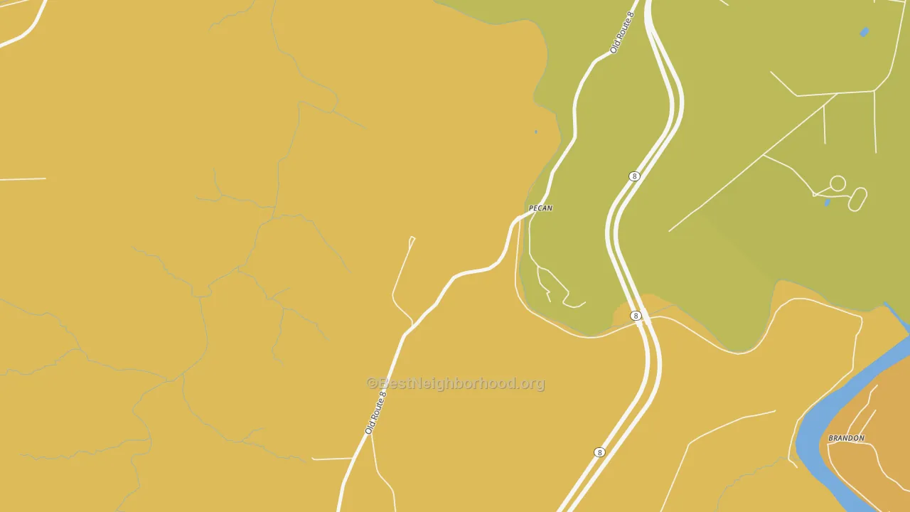 Map of the best neighborhoods in the Pecan area, with better matches in green and worse matches in red