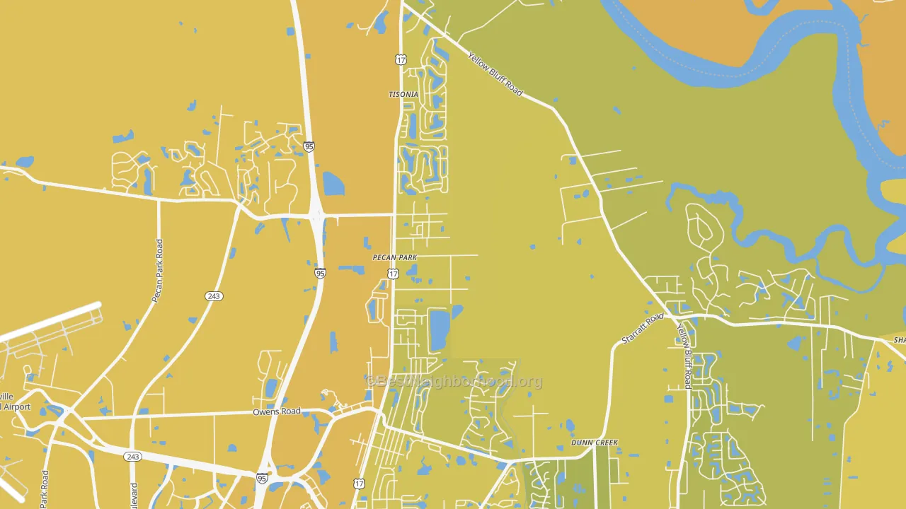 Map of the best neighborhoods in the Pecan Park, Jacksonville area, with better matches in green and worse matches in red