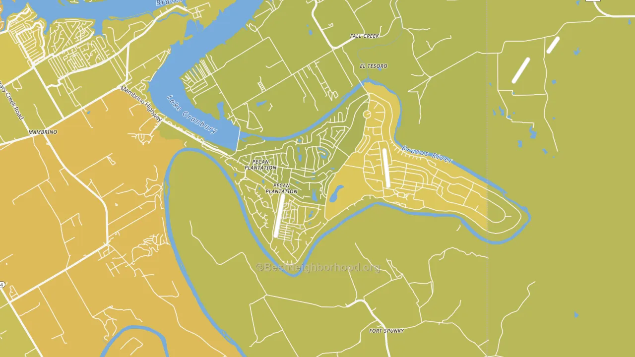 Map of the best neighborhoods in the Pecan Plantation area, with better matches in green and worse matches in red