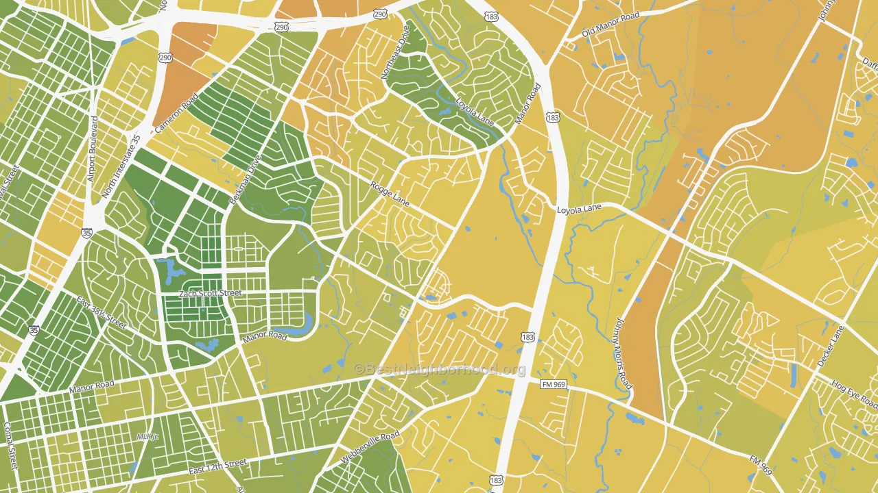 Map of the best neighborhoods in the Pecan Springs Springdale, Austin area, with better matches in green and worse matches in red