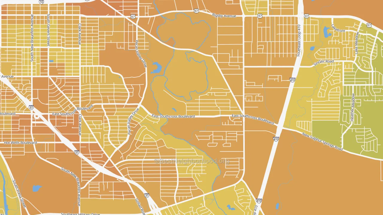 Map of the best neighborhoods in the Pecan Valley, San Antonio area, with better matches in green and worse matches in red