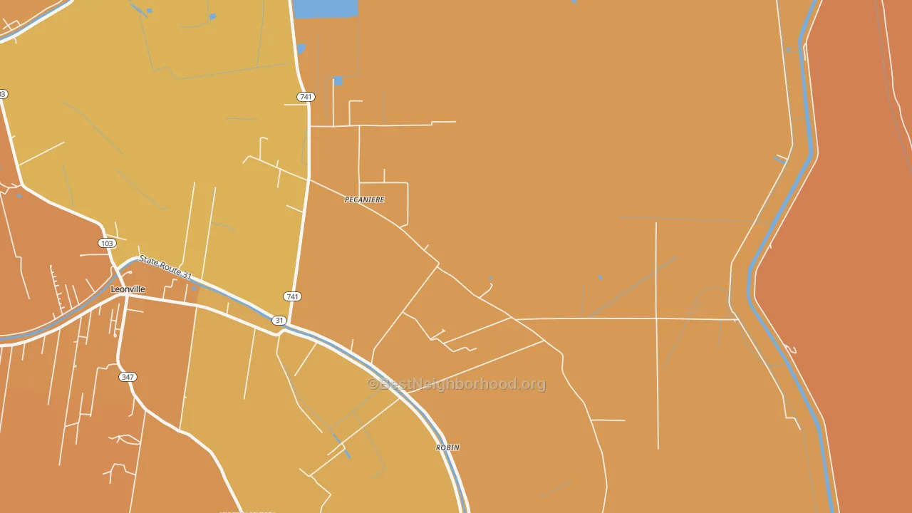 Map of the best neighborhoods in the Pecaniere area, with better matches in green and worse matches in red