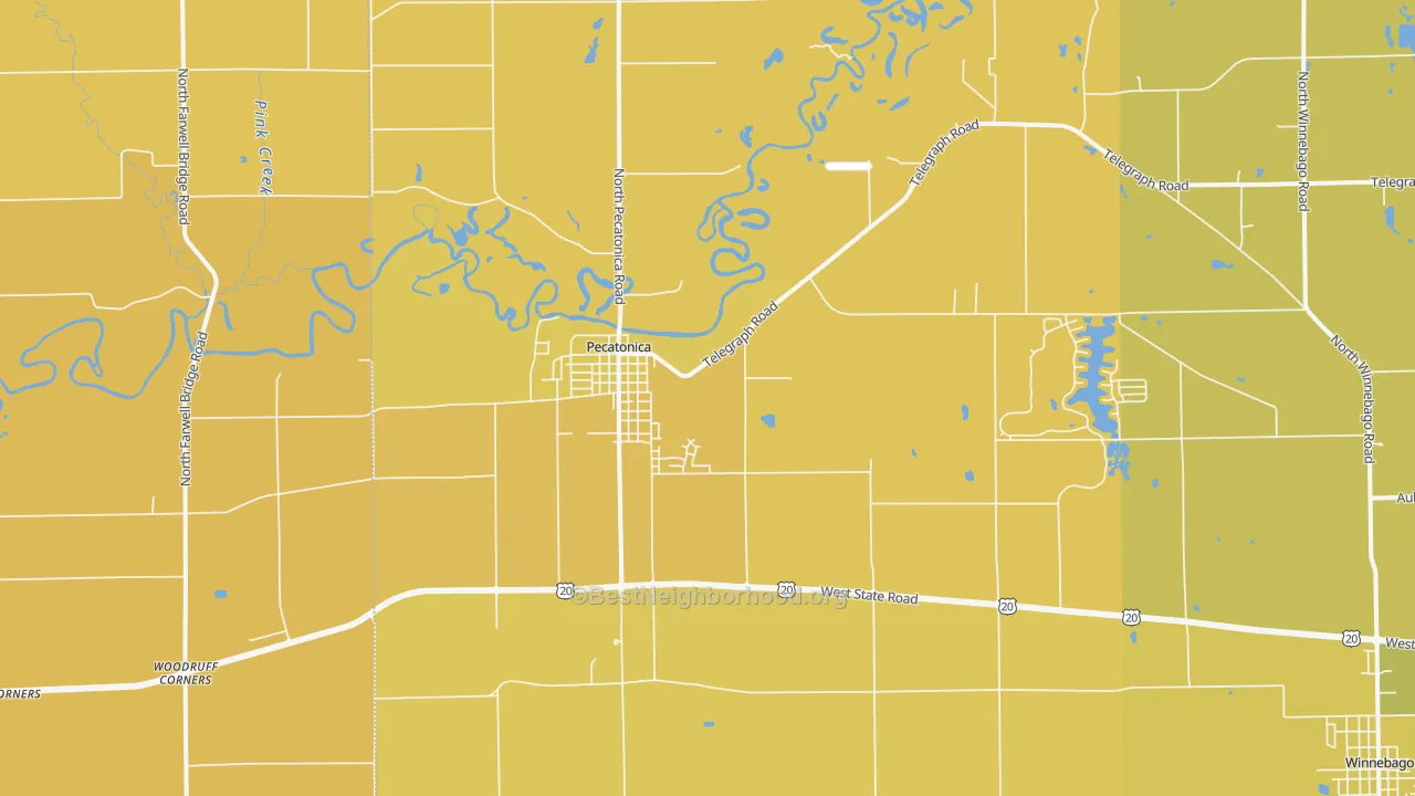 Map of the best neighborhoods in the Pecatonica area, with better matches in green and worse matches in red