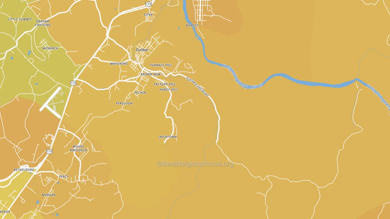 Map of the best neighborhoods in the Pechin area, with better matches in green and worse matches in red
