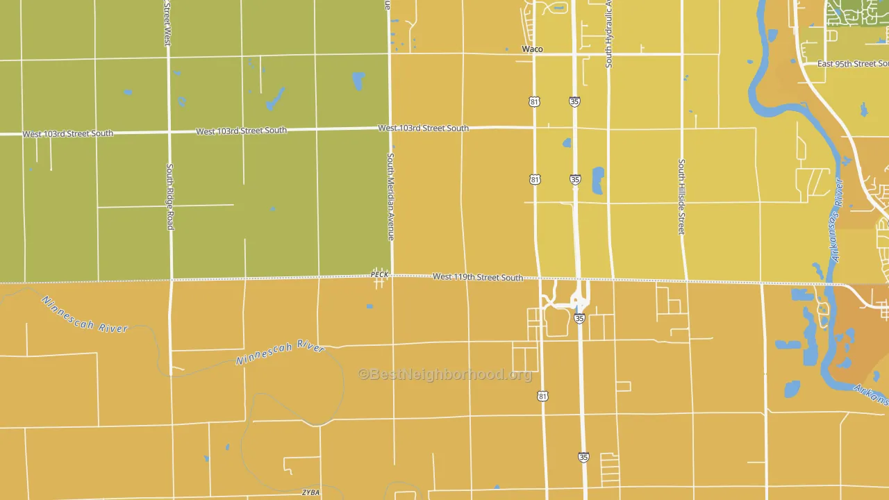Map of the best neighborhoods in the Peck area, with better matches in green and worse matches in red