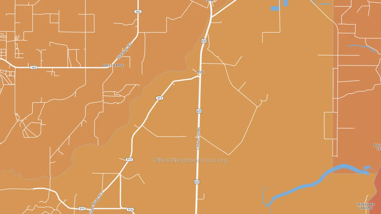 Map of the best neighborhoods in the Peck area, with better matches in green and worse matches in red