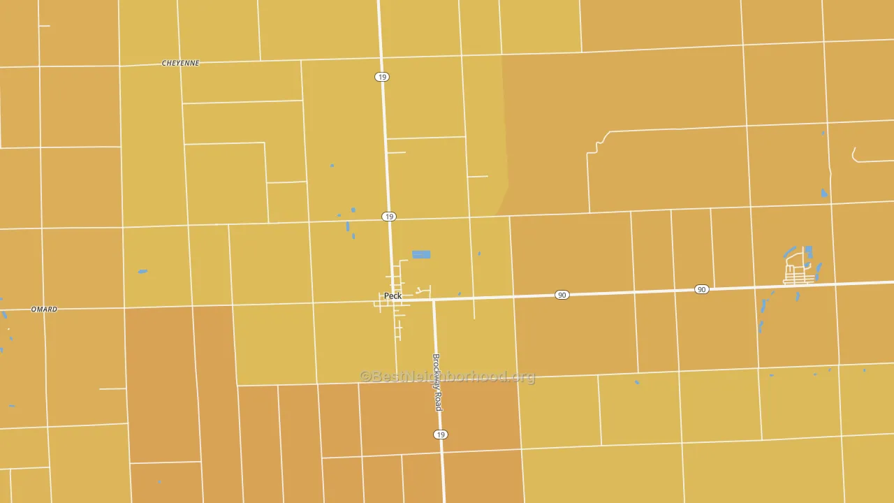 Map of the best neighborhoods in the Peck area, with better matches in green and worse matches in red