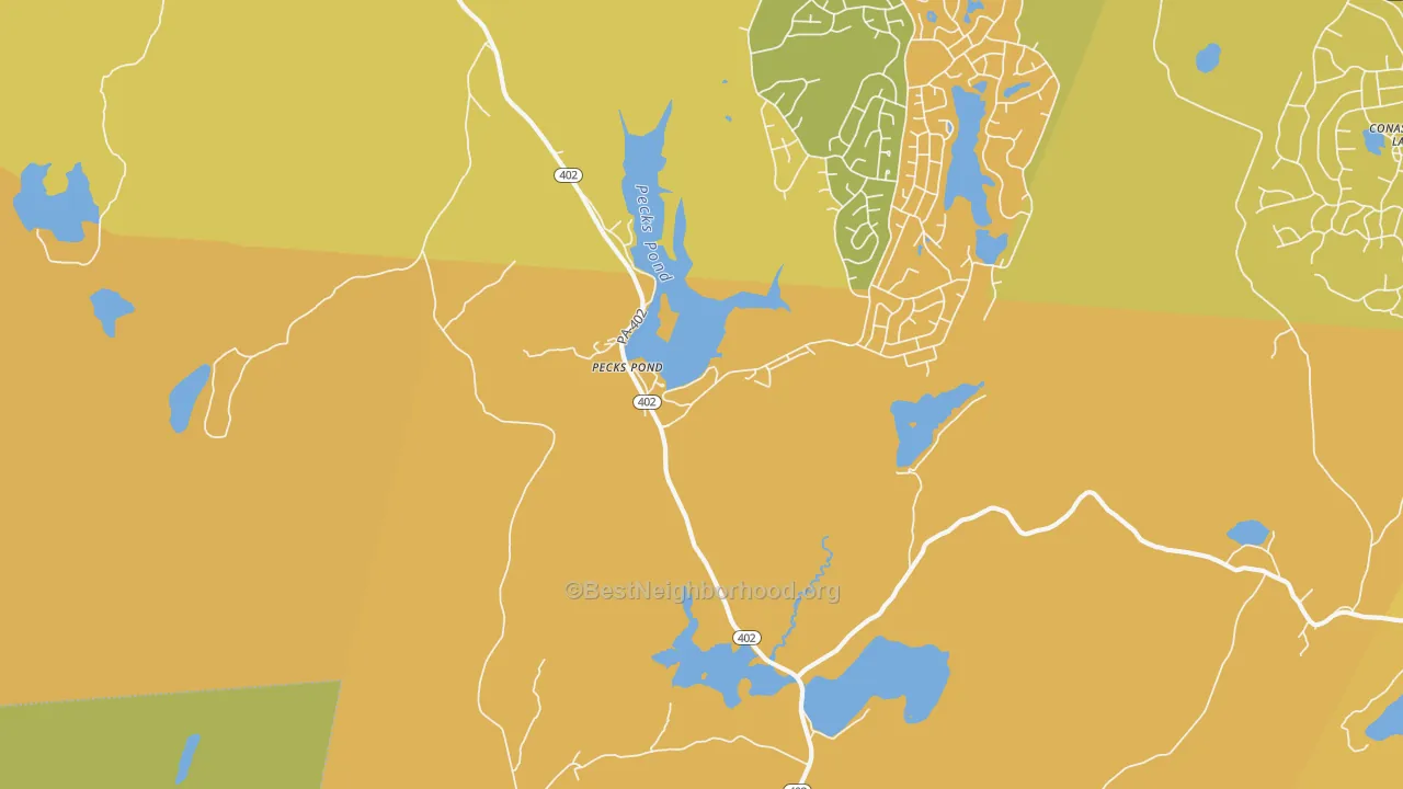 Map of the best neighborhoods in the Pecks Pond area, with better matches in green and worse matches in red