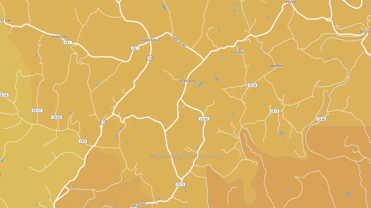 Map of the best neighborhoods in the Pecks Run area, with better matches in green and worse matches in red