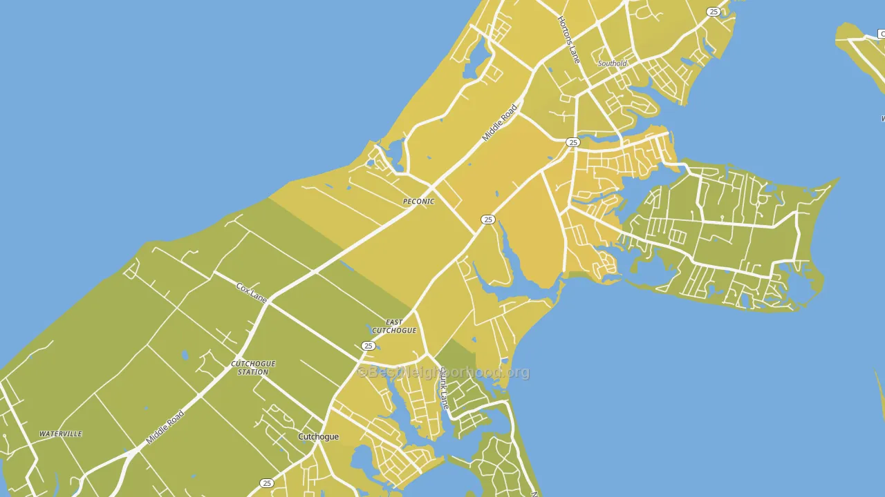 Map of the best neighborhoods in the Peconic area, with better matches in green and worse matches in red