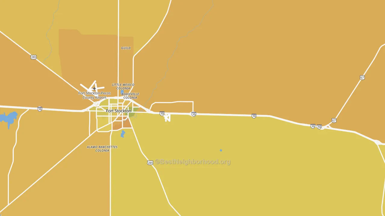 Map of the best neighborhoods in the Pecos County area, with better matches in green and worse matches in red