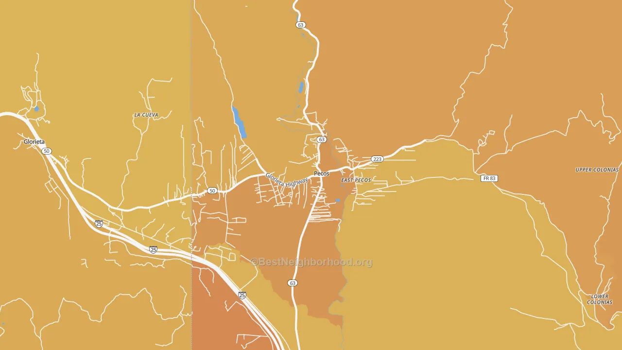 Map of the best neighborhoods in the Pecos area, with better matches in green and worse matches in red