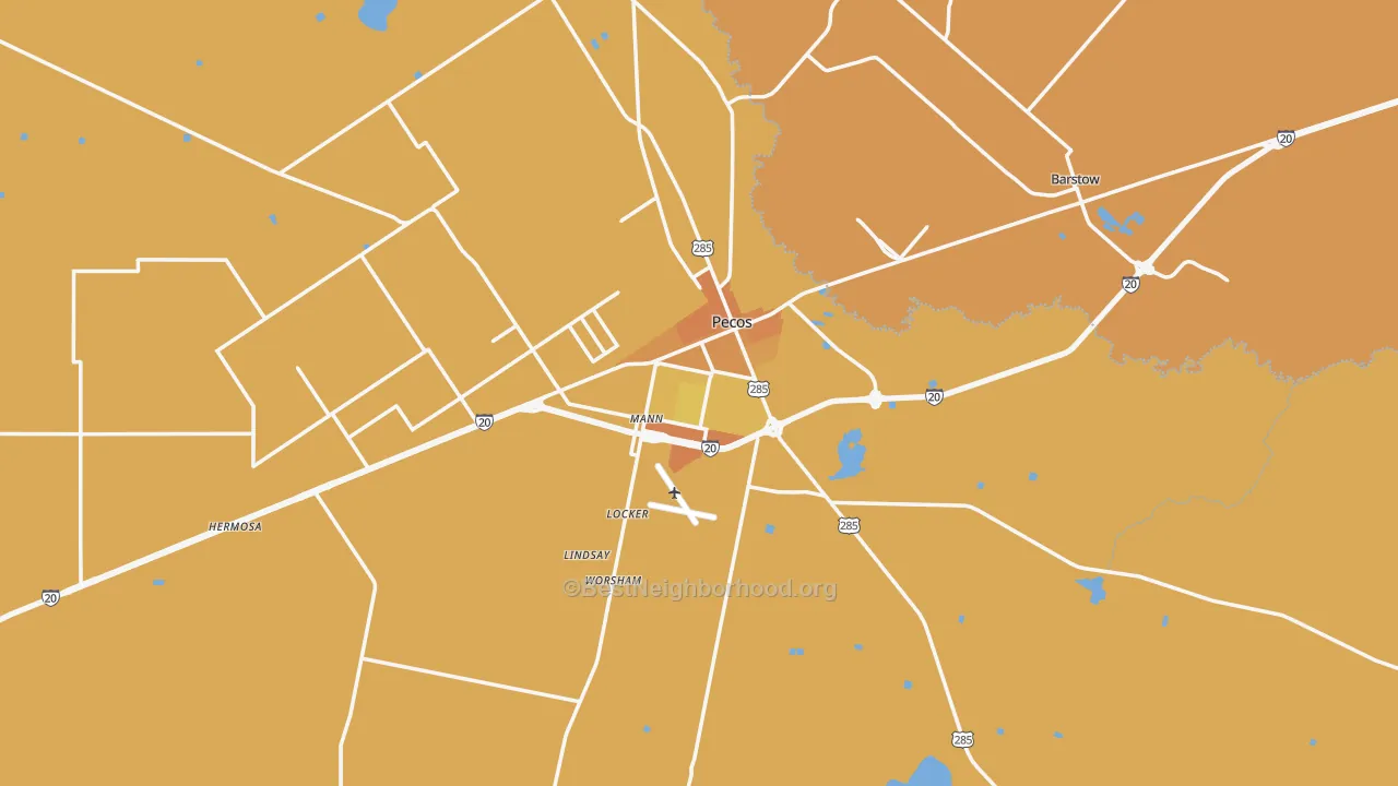 Map of the best neighborhoods in the Pecos area, with better matches in green and worse matches in red