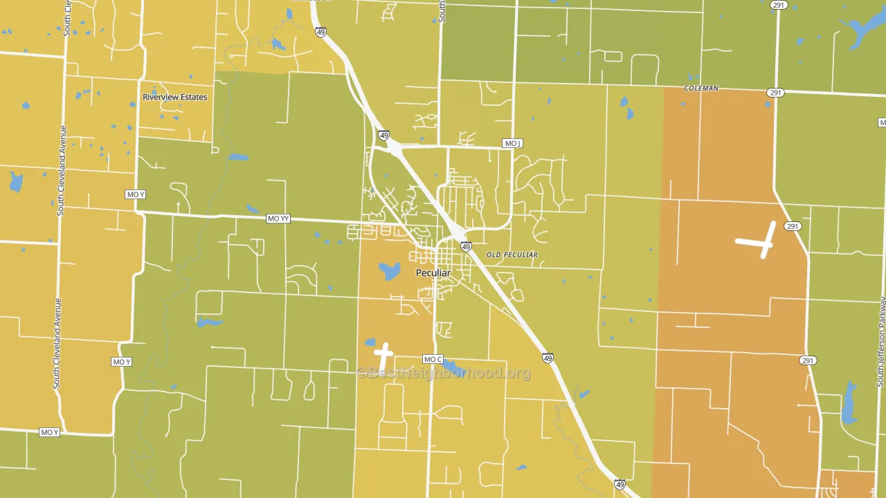 Map of the best neighborhoods in the Peculiar area, with better matches in green and worse matches in red
